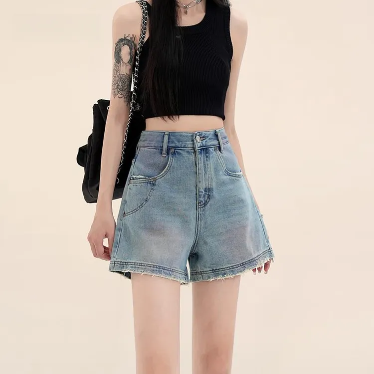 蓝色高腰腮红牛仔短裤女2025夏季新款设计感2025年流行网红女裤