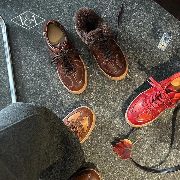 VCA女鞋休闲鞋百搭复古厚底加绒低帮韩版百搭复古潮流潮鞋