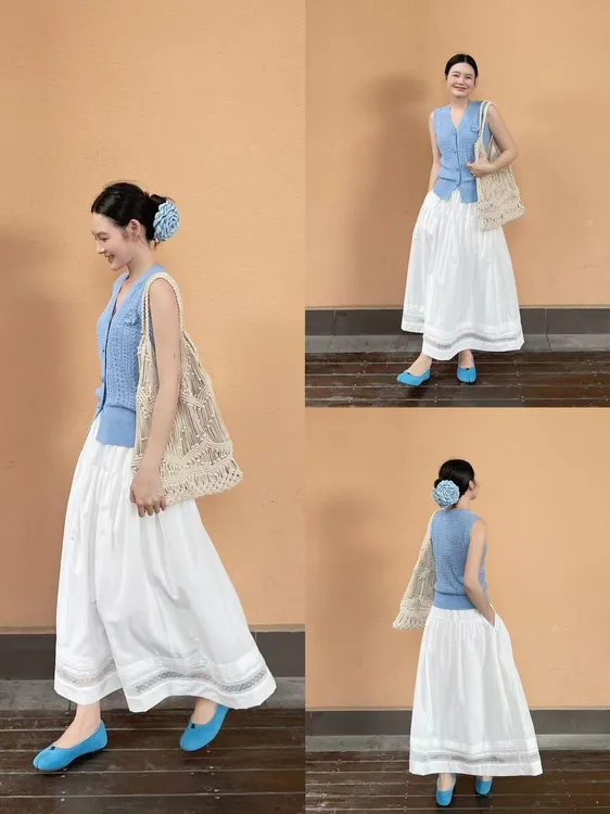 2025夏季新款韩系花朵胸针镂空马甲背心白色蕾丝拼接半身裙两件套