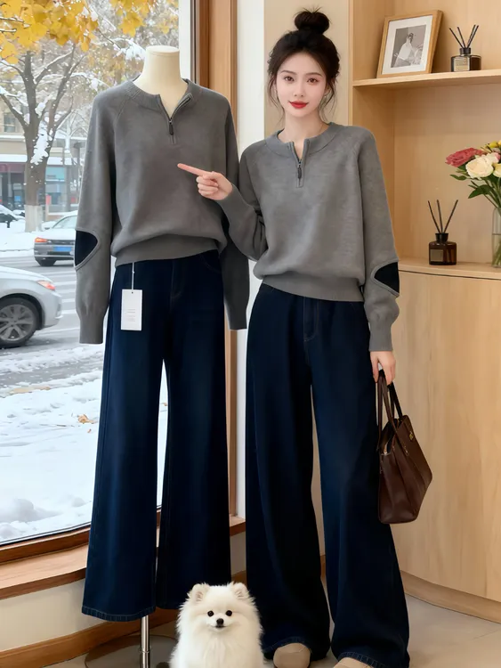 灰色拼接拉链长袖针织衫毛衣女款2025新款爆款保暖内搭打底衫上衣