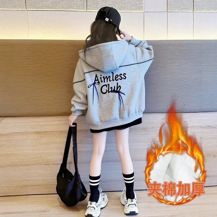 女童夹棉加厚外套2025冬季新款网红洋气中大童连帽保暖厚卫衣上衣