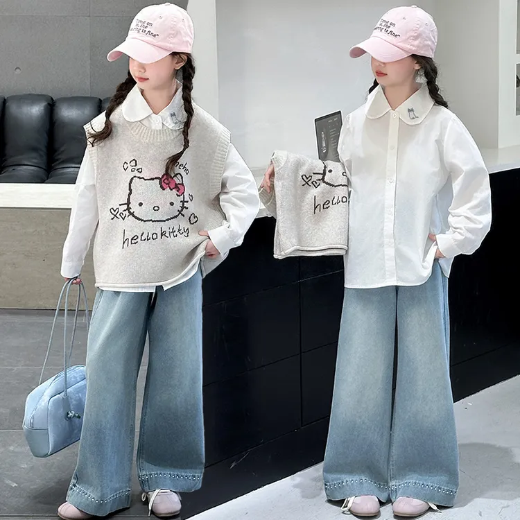 女童春装套装2025新款中大童时髦衬衫儿童装春秋洋气牛仔裤三件套