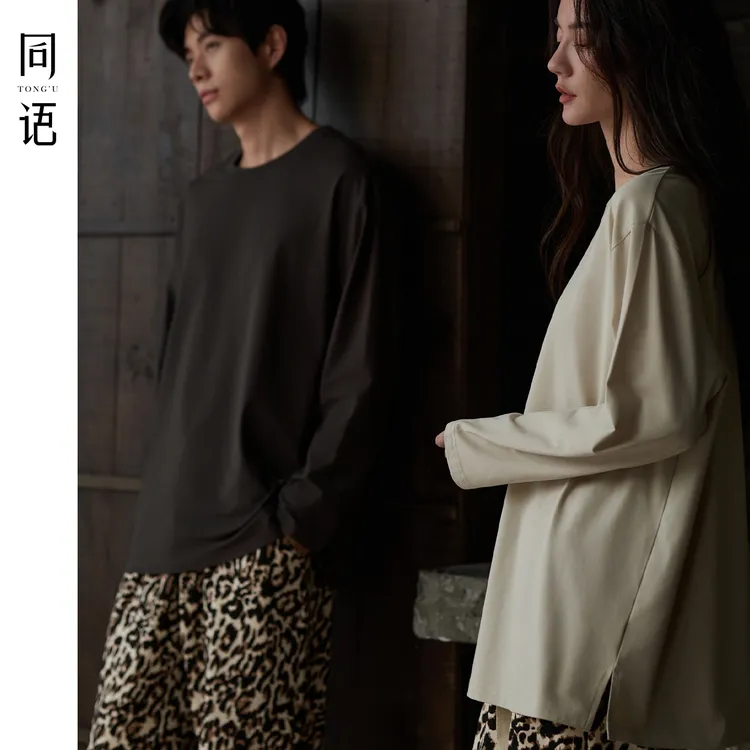 同语莫代尔棉情侣睡衣女款春秋季高端豹纹家居服秋冬长袖男士套装