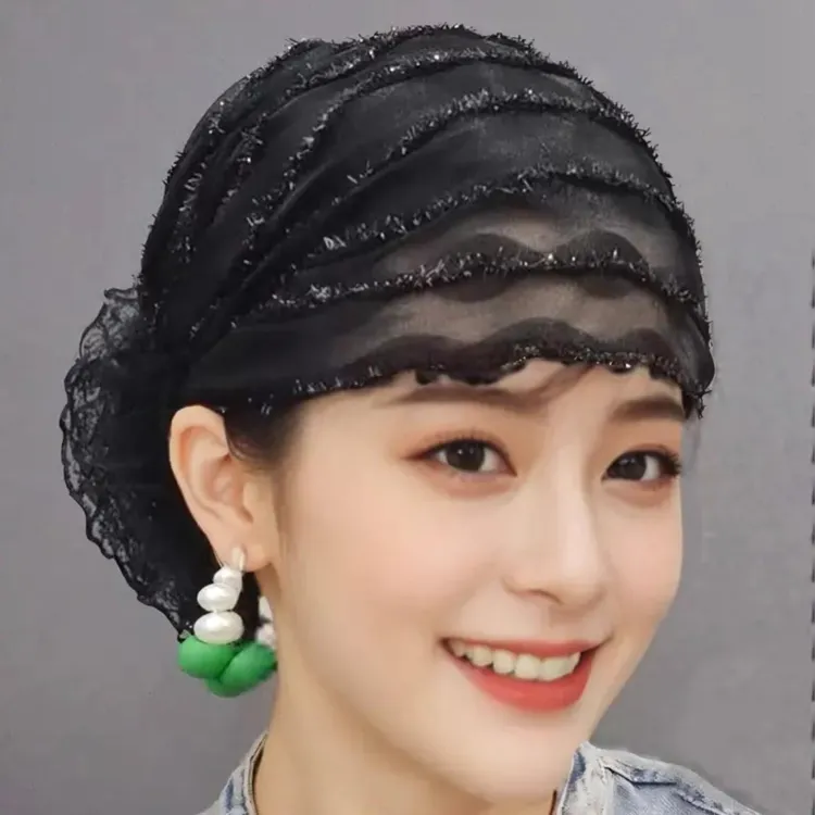 新款夏季透气网纱遮白发蕾丝包头帽女薄款透气波浪纹收碎发发带帽