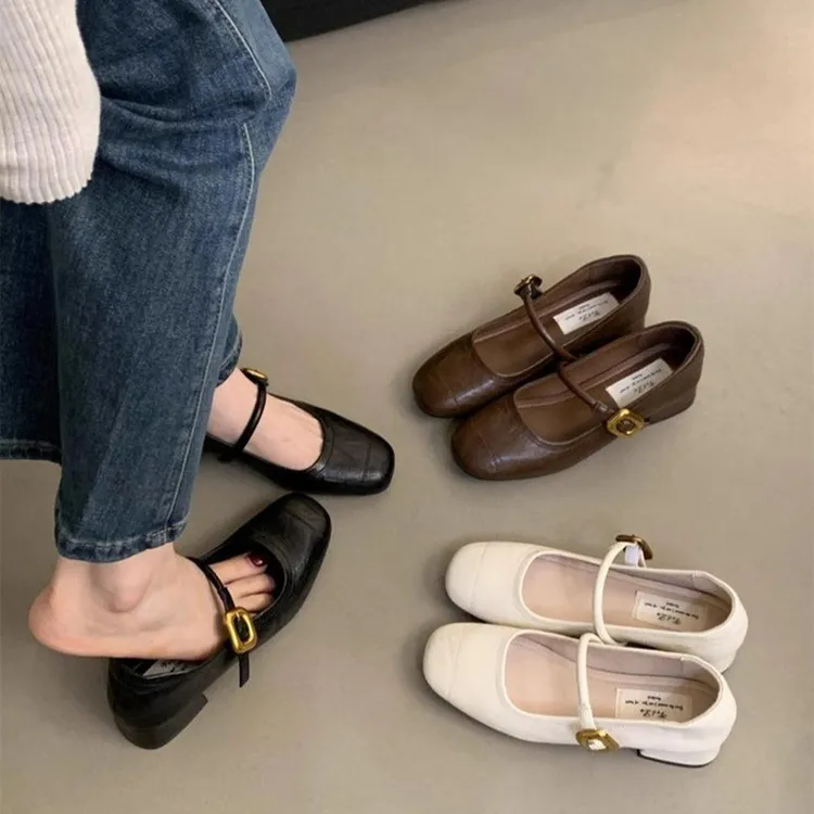 2025春新款法式一字扣单鞋女粗跟仙女风方头浅口温柔复古玛丽珍鞋