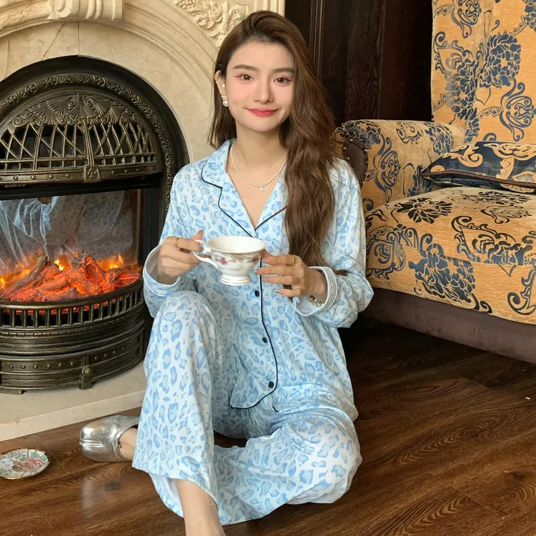 简丹生活【维密蓝豹纹】小众潮牌设计可外穿睡衣长袖长裤家居服