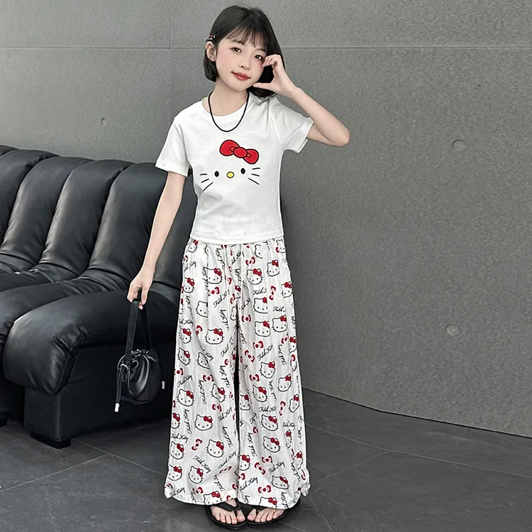 女童夏季套装2025新款洋气大童短袖t恤夏装儿童冰丝阔腿裤两件套