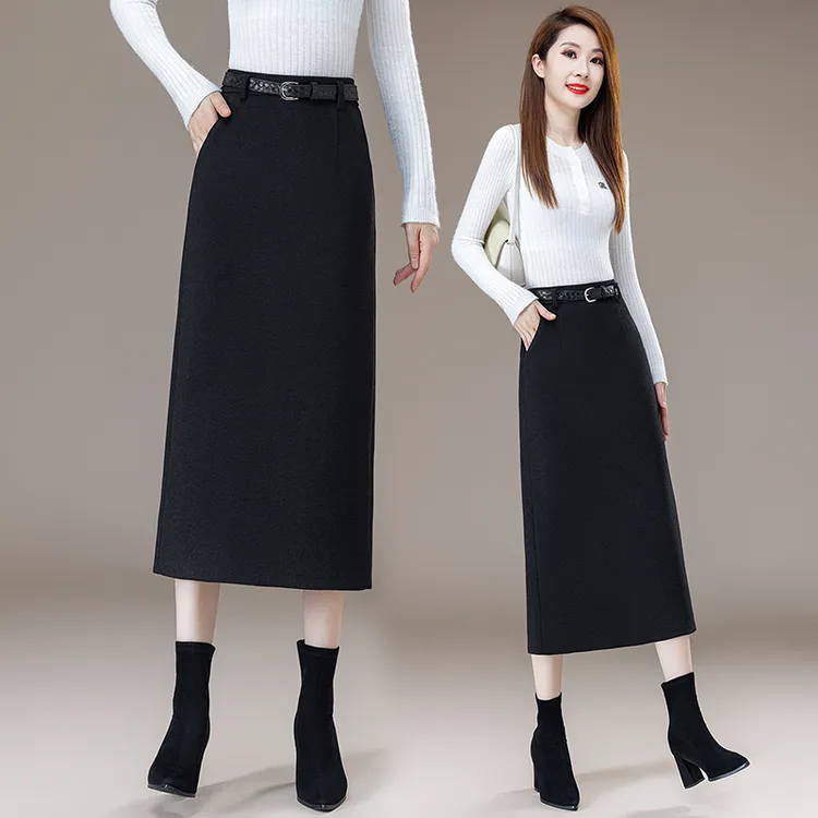 韩版半身裙毛呢可露丽风女直筒裙2025冬季新款显瘦裙子一步裙气质