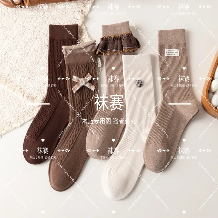 秋冬季女袜子日系美拉德蝴蝶结刺绣加厚保暖中筒堆堆袜时尚百搭