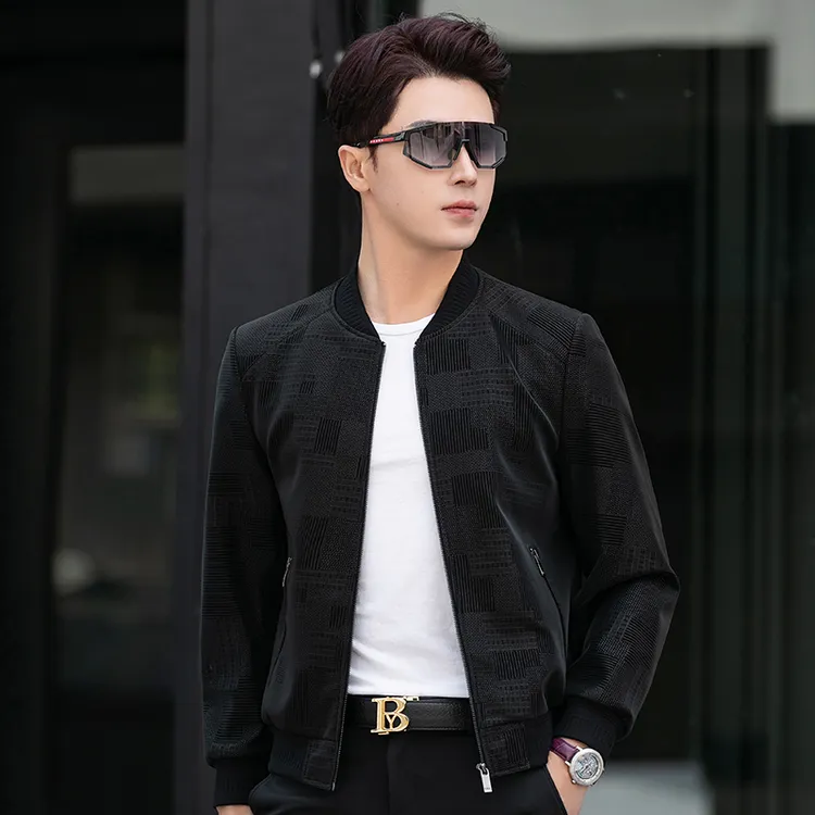 VBA 2802 YZX男士印花休闲时尚海宁真皮皮衣春秋棒球服外套男短款