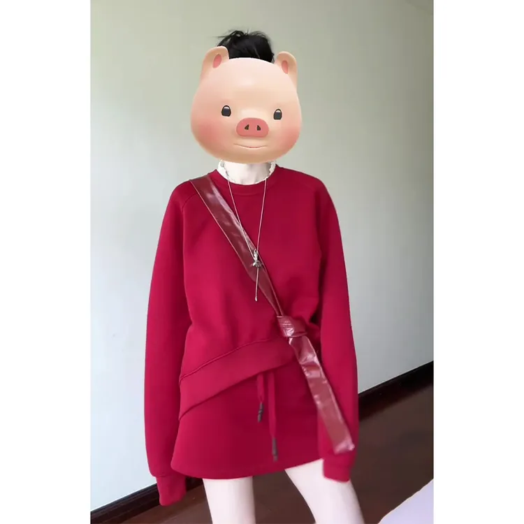 2025早秋新款法式气质圆领宽松百搭卫衣上衣高腰显瘦系带半身裙