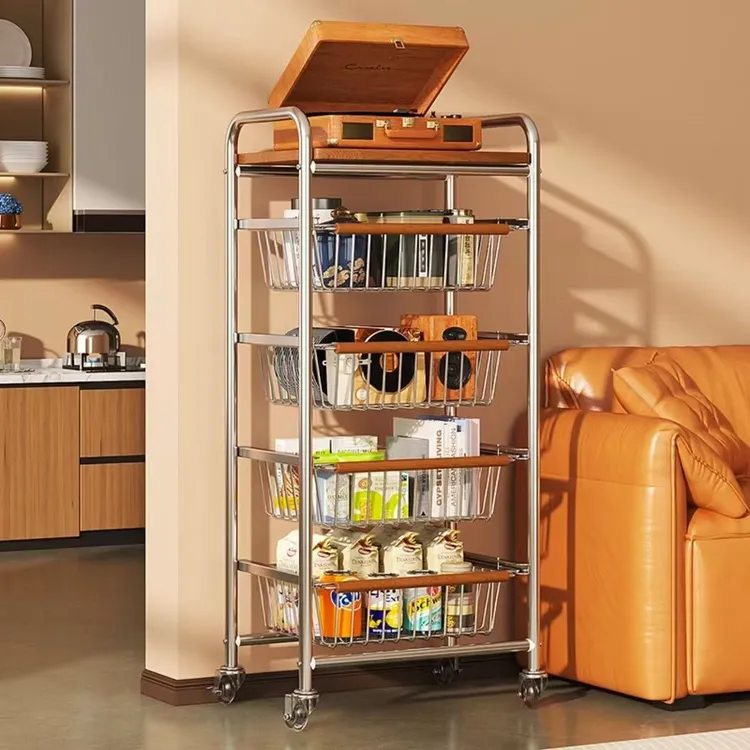 中古风小推车客厅置物架可移动多层零食收纳架带滑轮小推车落地