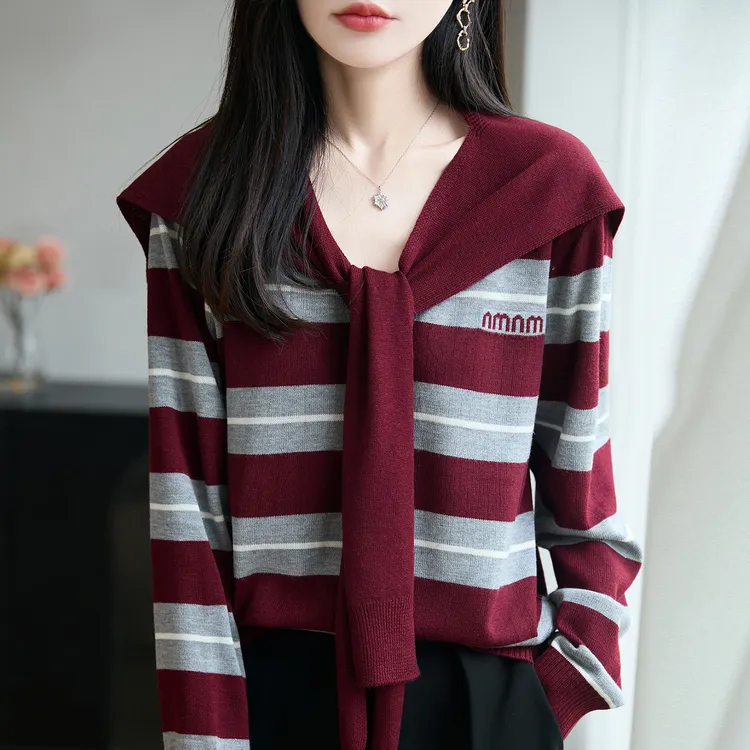 胖mm春秋大码女士条纹毛衣遮肚子显瘦飘带上衣早秋内搭针织打底衫