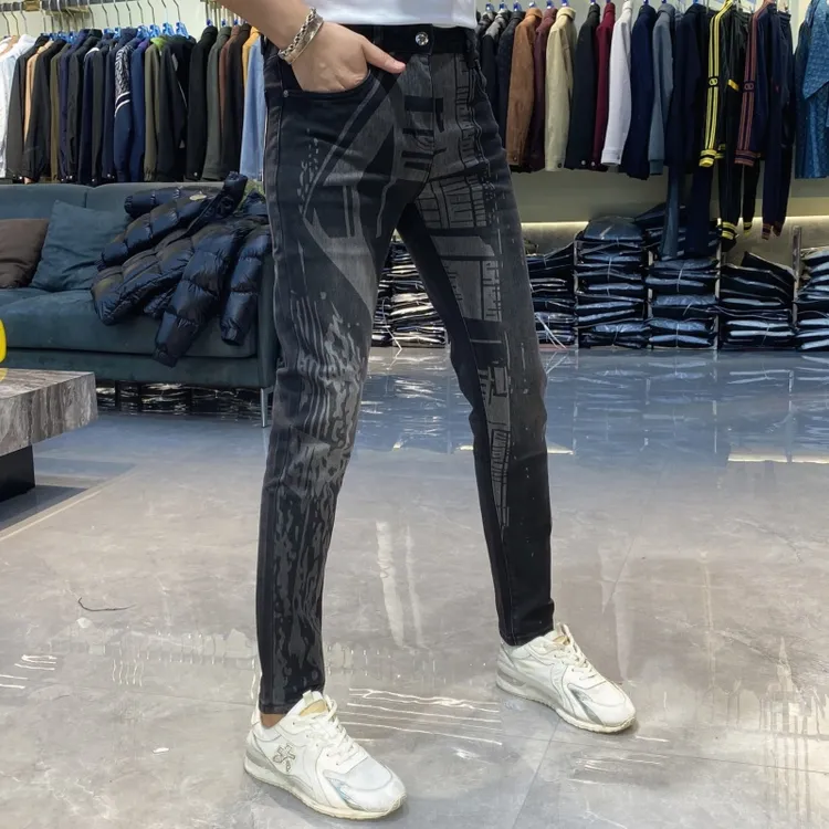【也许家】新品男士秋冬欧货印花泼墨修身小脚机车牛仔裤LB6921