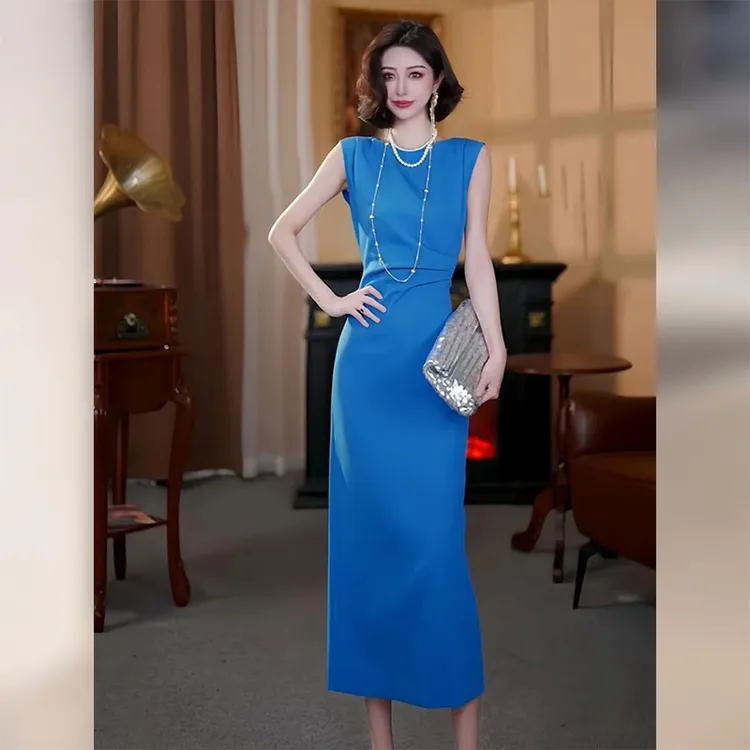 上流社会名媛气质女神范轻奢高级感风情万种超火蓝色无袖连衣裙夏