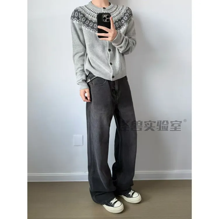 怪兽实验室经典复古黑色赛络纺无弹水洗工艺直筒宽松休闲牛仔裤