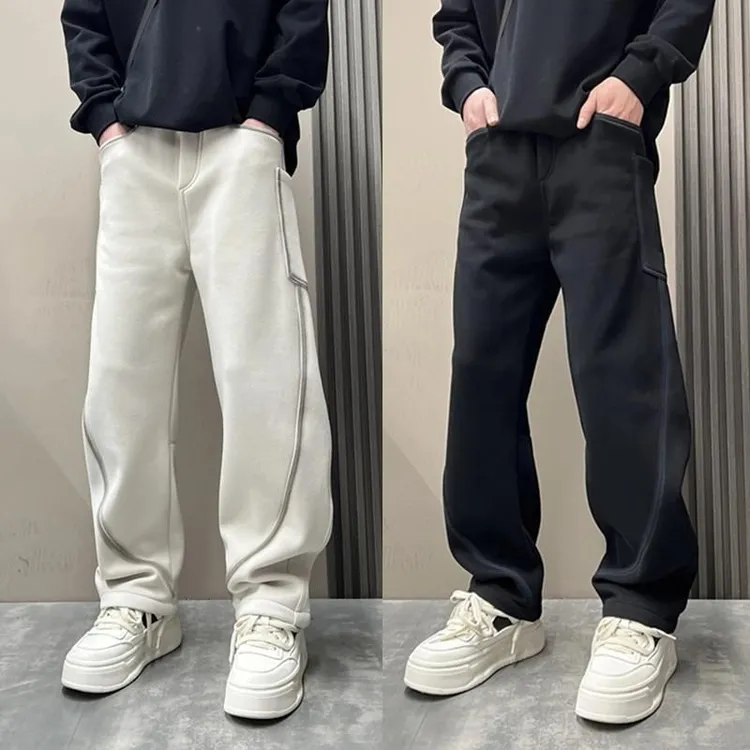 春季新款美式潮流弯刀裤男士设计感青年痞帅宽松加绒加厚卫裤