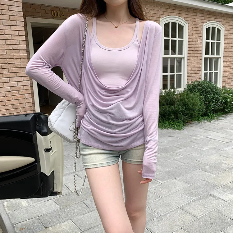 轻奢莱赛尔天丝荡领防晒罩衫长袖T恤女2025新款夏日漂亮小网红款