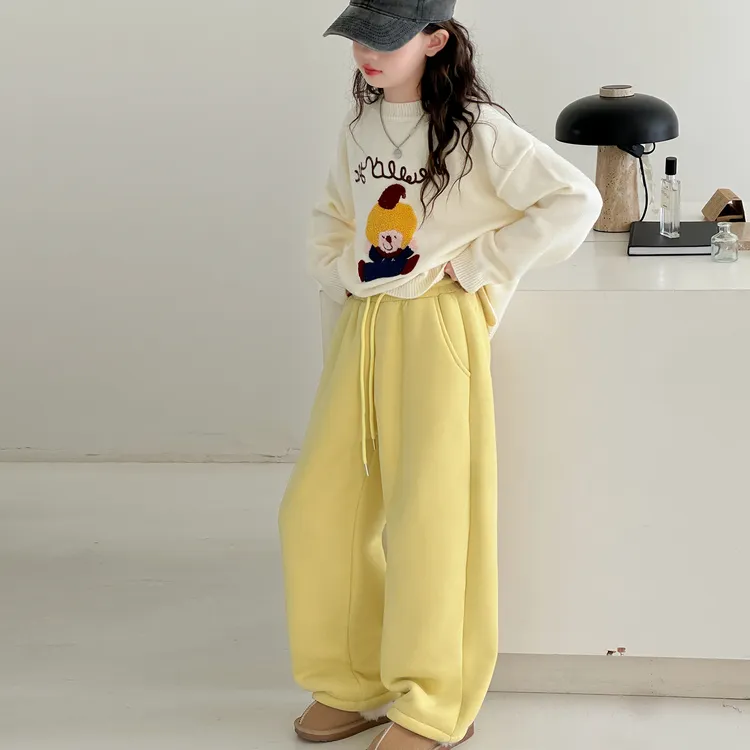 女童冬装羊羔绒卫裤套装童装新款女孩圆领毛衣宽松休闲裤两件套潮