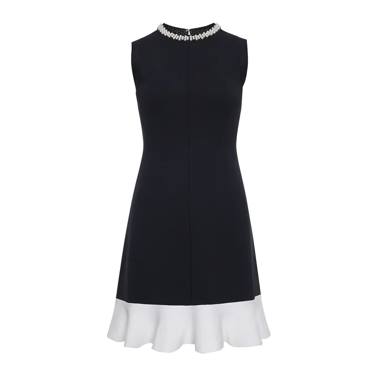 S家2025夏季法式珍珠饰领口荷叶边气质优雅无袖连衣裙收腰鱼尾裙