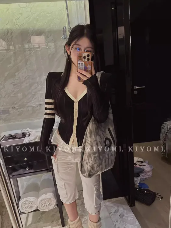 韩系穿搭撞色v领飘带长袖针织开衫女早秋季修身显瘦内搭打底上衣