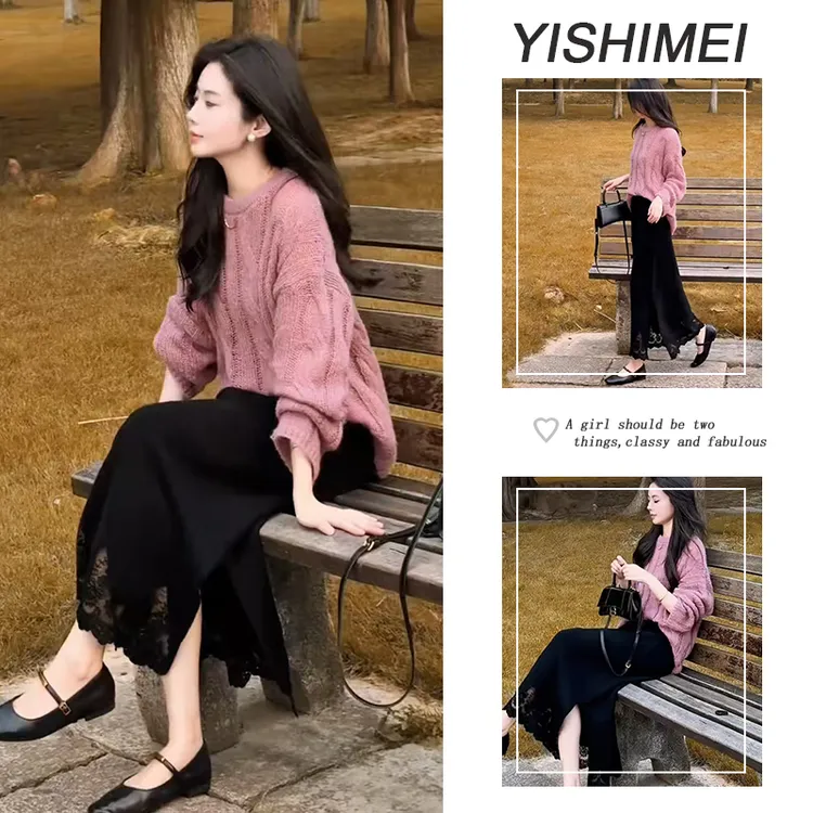 2025年秋冬穿搭韩系简约圆领长袖针织上衣高腰半身裙两件套装