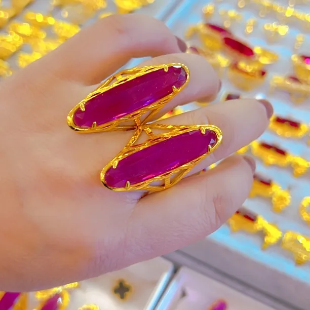 铜合金亚克力戒指 红色民族风金色女法式指环锁/钥匙欧美风