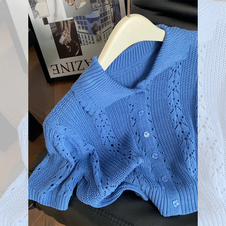 法式镂空小衫显瘦修身polo领针织百搭短袖t恤女夏季短款正肩上衣