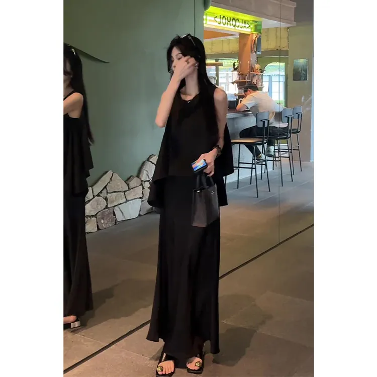 2025夏季新款女法式高级感宽松无袖上衣百搭中长款高腰显瘦半身裙