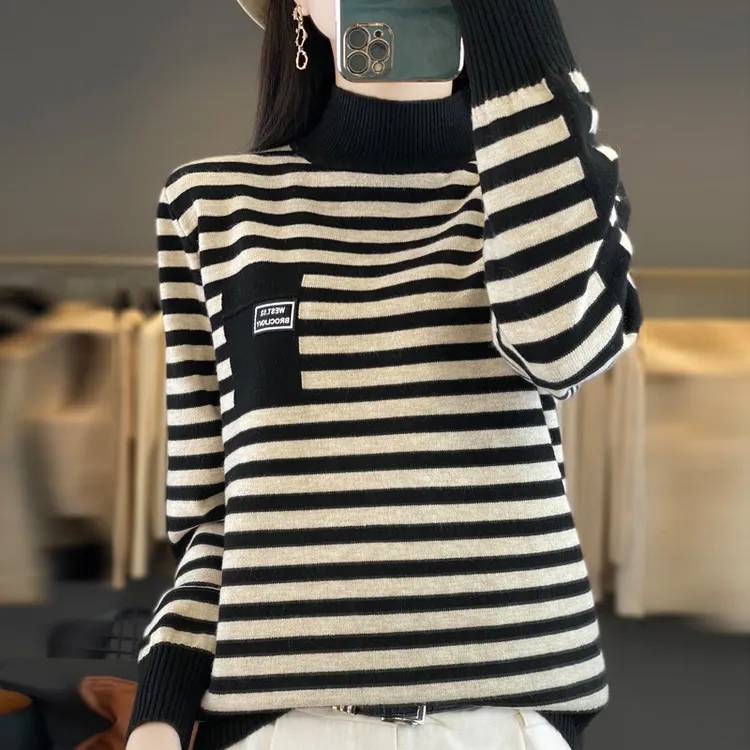 3363条纹毛衣女秋冬新款宽松内搭打底长袖针织衫慵懒风时尚百搭