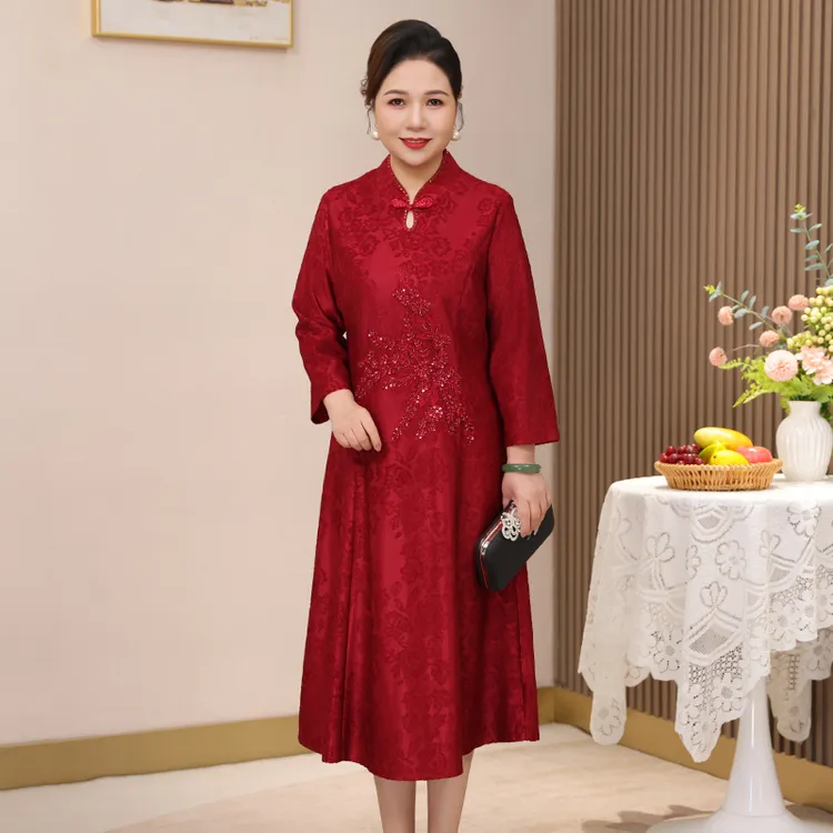 喜妈妈婚宴装10月结婚喜庆礼服旗袍款喜婆婆订婚喜服宴会连衣裙子