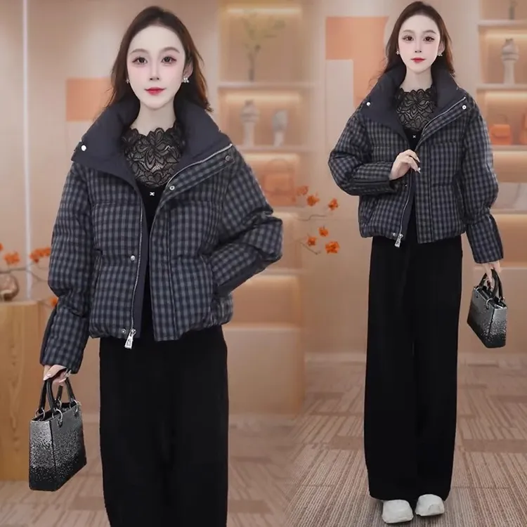时尚格子短款棉衣棉服女冬季新款洋气加厚保暖面包服立领棉袄外套