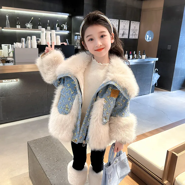 巴拉儿童秋冬季新款洋派保暖女小童牛仔韩版加绒女童牛仔外套