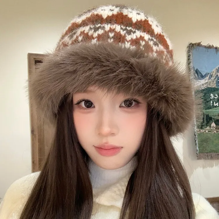 费尔岛毛绒帽子女冬季加厚针织毛线渔夫帽氛围感包头护耳保暖盆帽