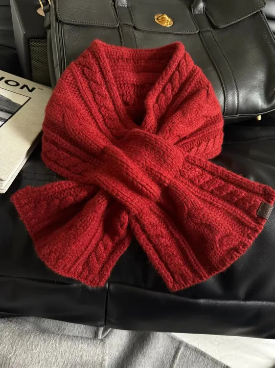 韩版复古100%羊毛红色交叉麻花针织小围巾女冬学生保暖护颈围脖男