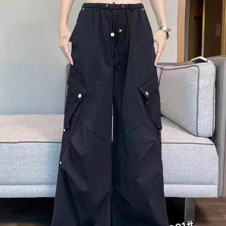 夏季新款高腰显瘦抽绳束脚宽松阔腿女士工装裤阔腿裤