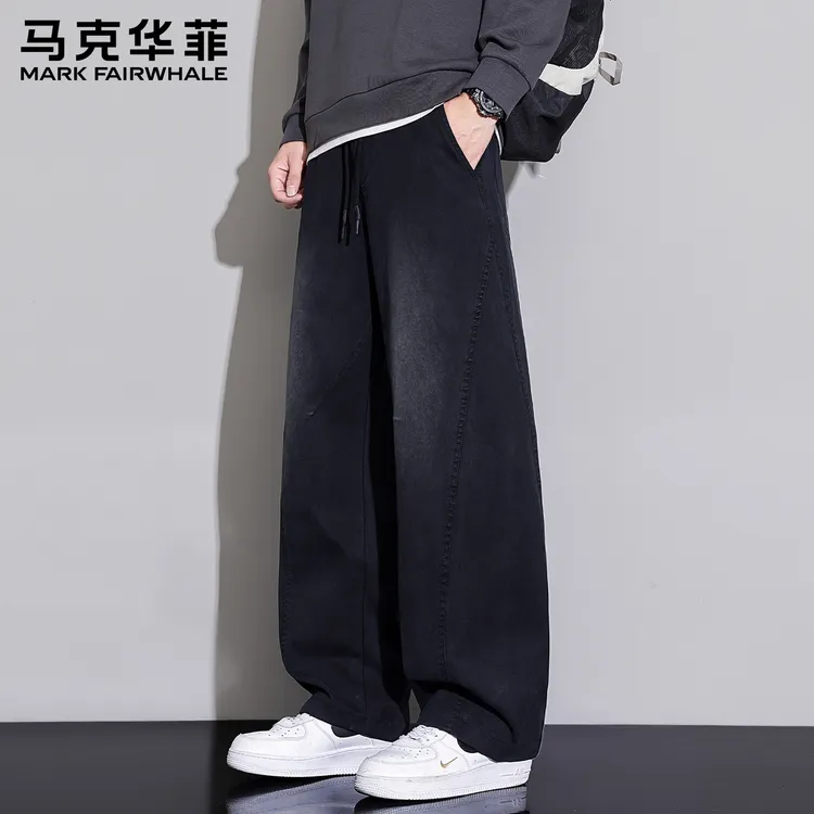马克华菲秋冬新款弯刀牛仔裤男宽松直筒美式潮牌阔腿加绒休闲长裤