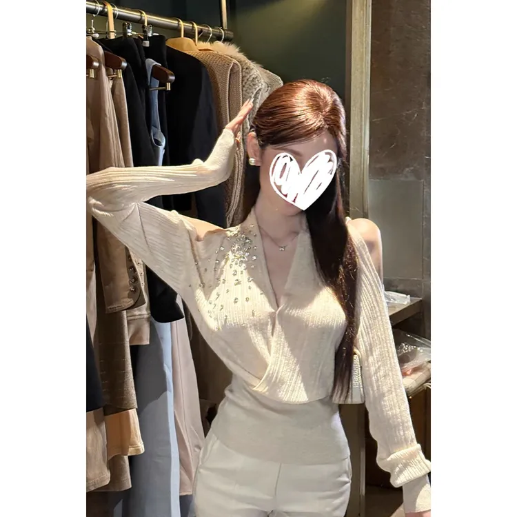 “碎闪星河”设计感重工烫钻交叉纯欲秋冬小众长袖高级感百搭上衣女