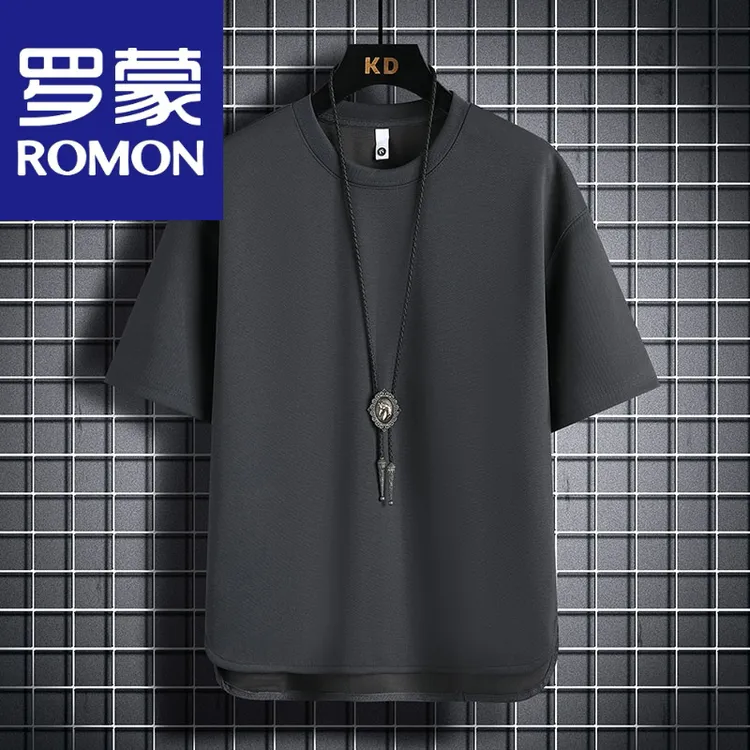 罗蒙短袖t恤男士夏季2025新款潮牌纯色潮流开叉下摆休闲体恤