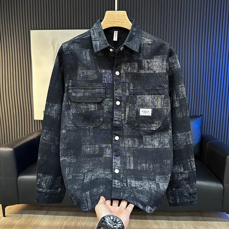 春秋季复古拼色长袖衬衫男潮流痞帅宽松休闲翻领百搭男装衬衣外套