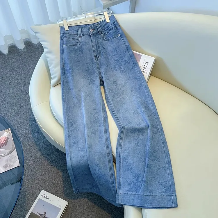拉夏贝尔高级感印花牛仔裤春秋2025新款显瘦直筒裤百搭拖地阔腿裤