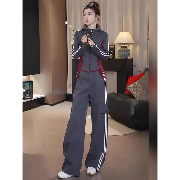 秋季新款休闲运动套装女时尚拼接外套弯刀裤两件套撞色卫衣卫裤