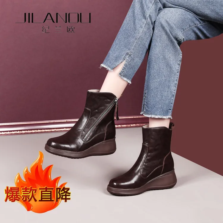 厚底真皮短靴女秋冬2025新款女鞋牛皮坡跟瘦瘦靴软底软面加绒靴子