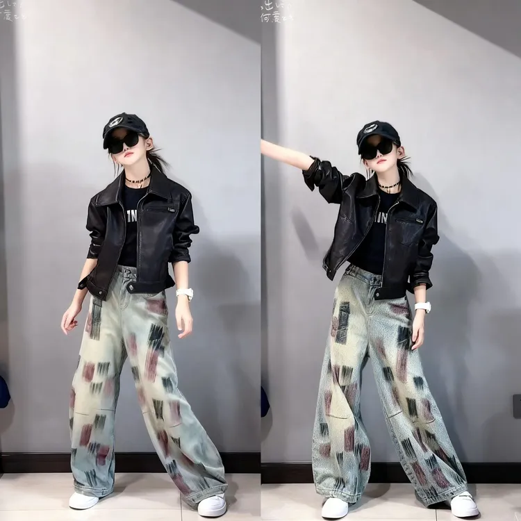 女童2025秋季新款古铜色PU皮衣夹克机车外套牛仔裤潮流套装洋气百