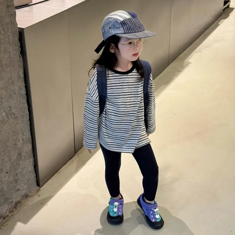 《小思家》2025早秋新款童装横条纹圆领套头上衣儿童休闲打底裤套装