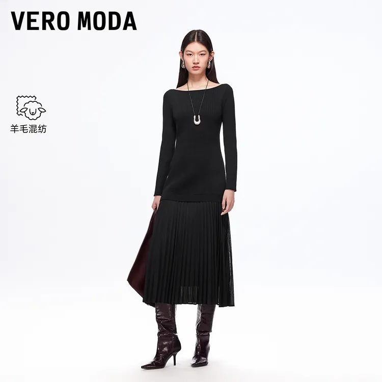 Vero Moda连衣裙25秋冬新款含绵羊毛修身收腰拼接针织裙时尚百搭