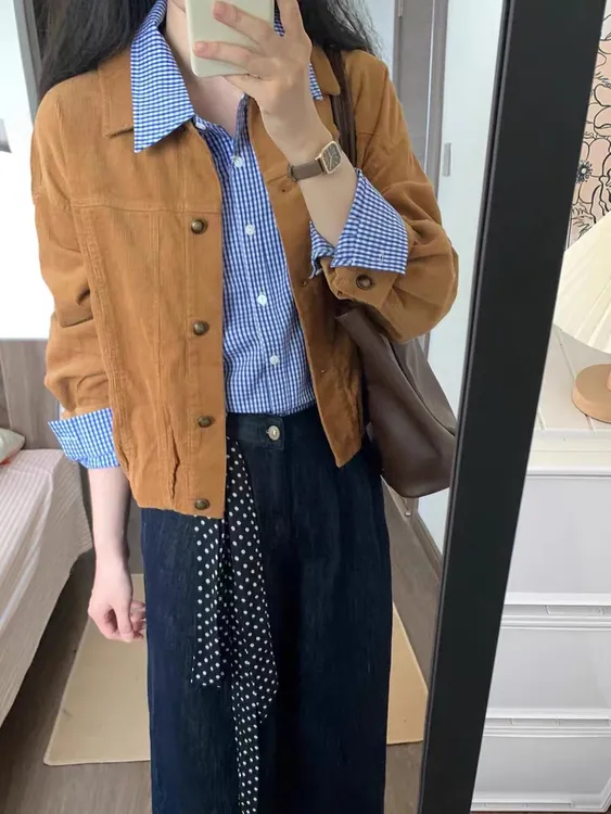 【有运险】早秋美拉德风复古灯芯绒外套叠穿格子衬衫百搭宽松休闲