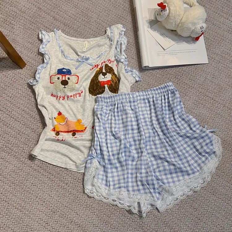 小众趣味印花背心睡衣女薄款夏天带胸垫宽松设计感蕾丝边无袖短裤