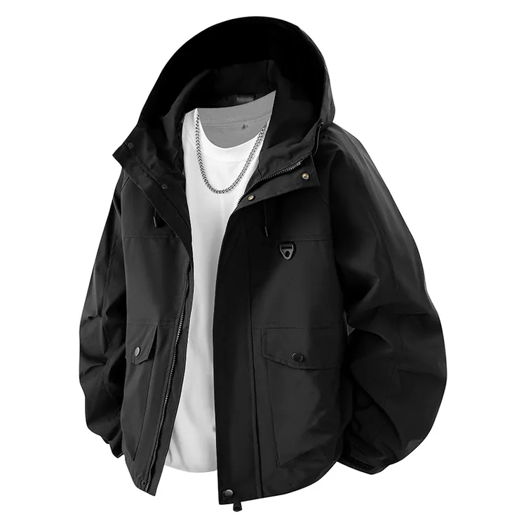 大码纯色外套男2025秋冬新款宽松休闲男生连帽夹克户外工装秋季