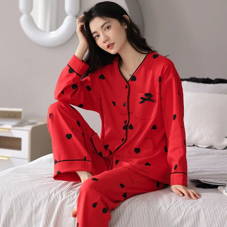 浪莎春秋季纯棉V领睡衣女2025新款全棉和服长袖可外穿家居服套装